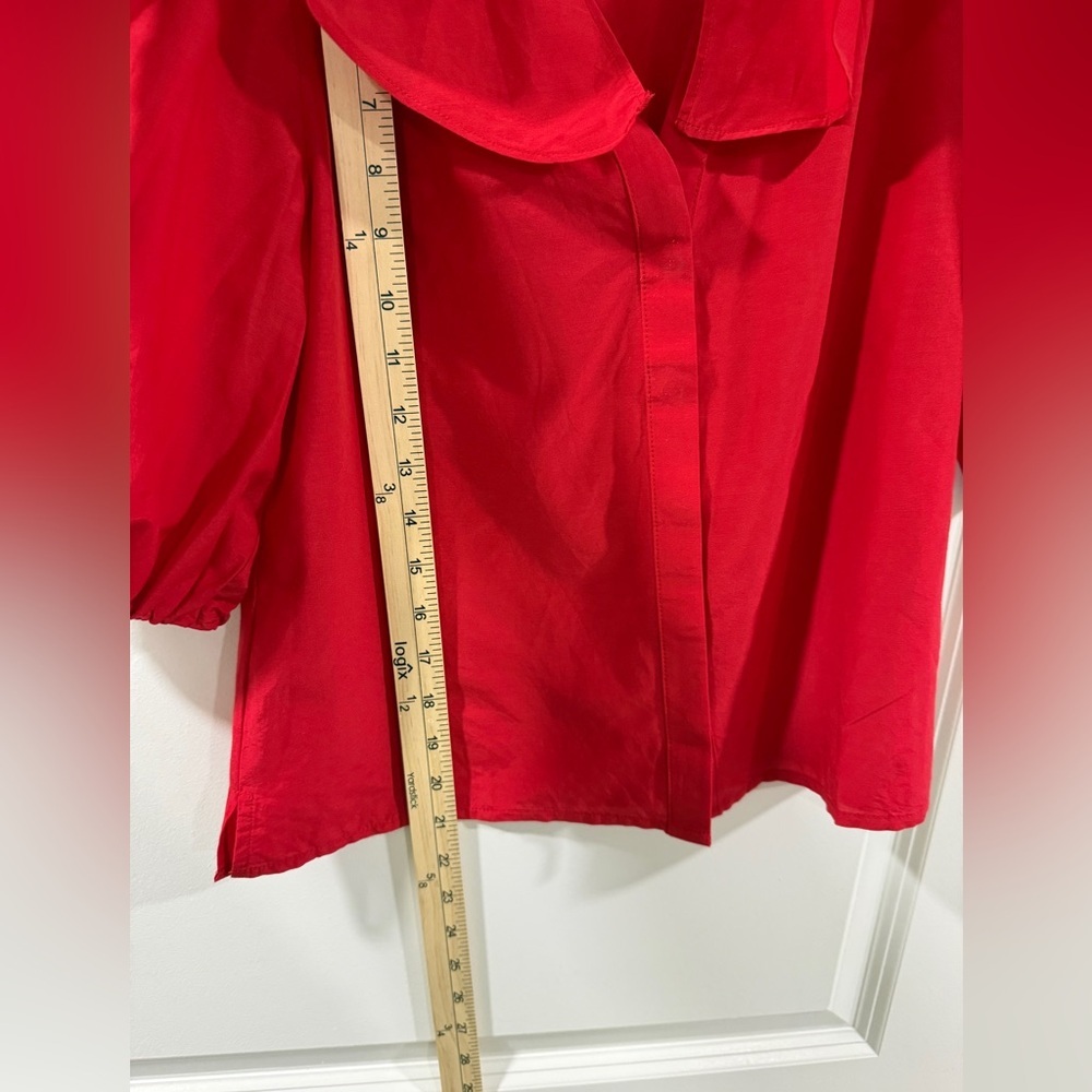 Madewell Ruffled Y-Neck Cotton-Silk Top Festival Red XS Puff Sleeve NWT - Picture 6 of 11